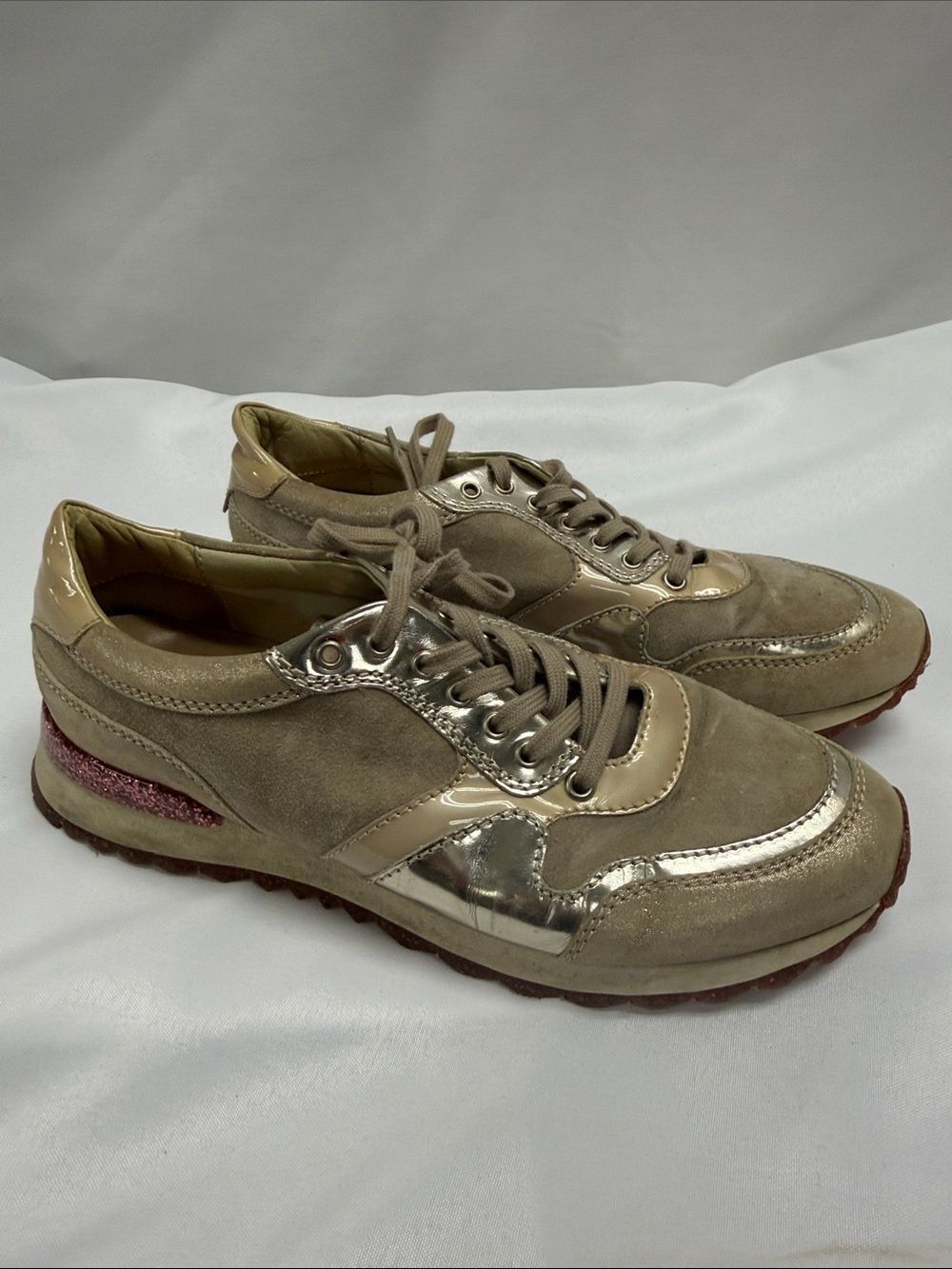 Taupe Suede and Metallic Accent Women's Sneakers